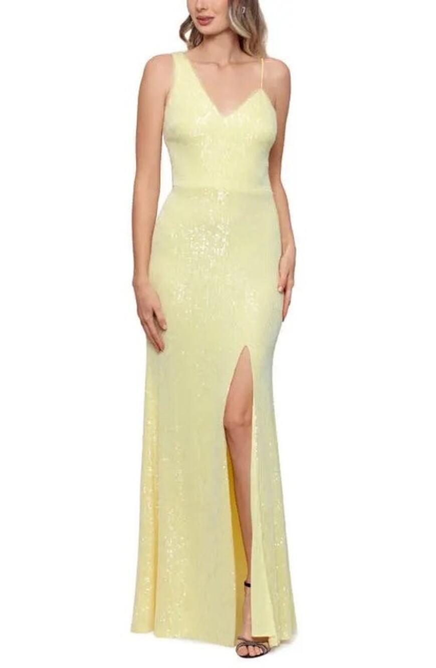 Xscape Yellow Sequined Asymmetric Neck Slit Sleeveless V-Neck Formal Gown Size 6